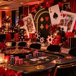 Casino night card party decoration with giant playing cards and balloons