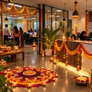 Diwali office decoration with marigold and rangoli