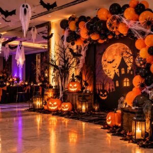 Halloween party decoration with orange and black balloon arch