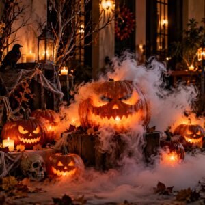 Haunted smoke pumpkin Halloween setup with lanterns
