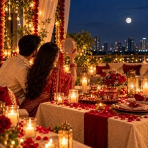 Karwa Chauth moon night rooftop decoration with couple and chalni