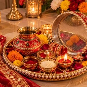 Karwa Chauth puja thali with kalash, chalni and diya
