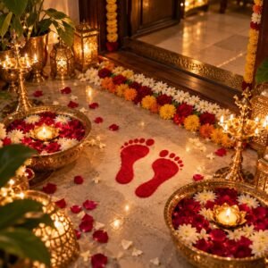 Lakshmi Puja decoration with Lakshmi footprints and diyas