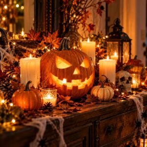 Jack-o-lantern pumpkin and candle Halloween decor